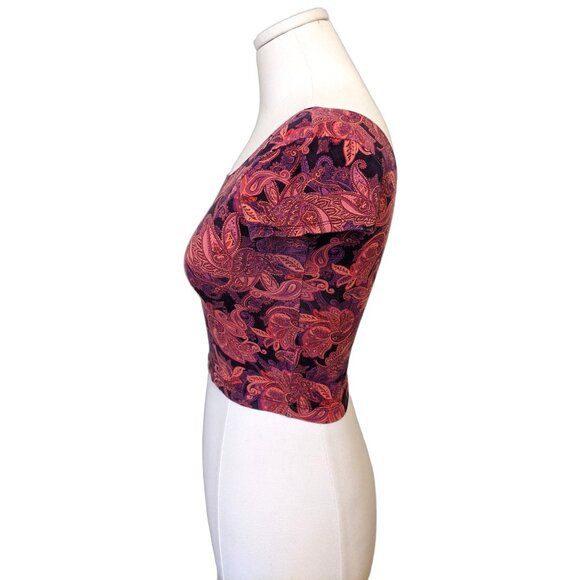 Womens Paisley Pink Crop Top Bodycon Boho Casual School T Shirt Ribbed Sz S - Picture 5 of 8